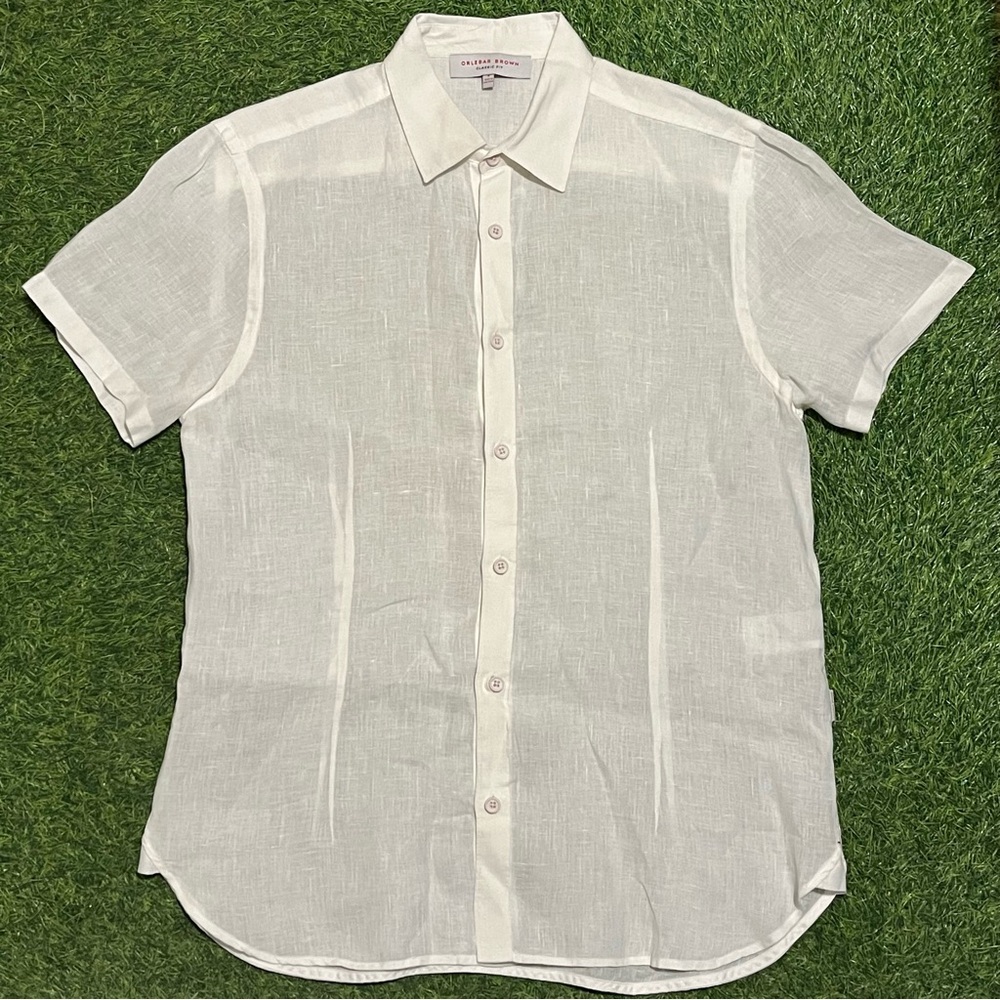 Orlebar Brown Classic Fit White Linen Short Sleeve Button Down Shirt Medium